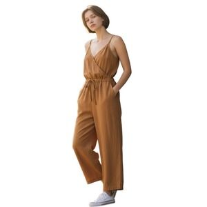 Esby Apparel Womens Small Ochre Linen Wrap Front Drawstring Wide Leg Jumpsuit